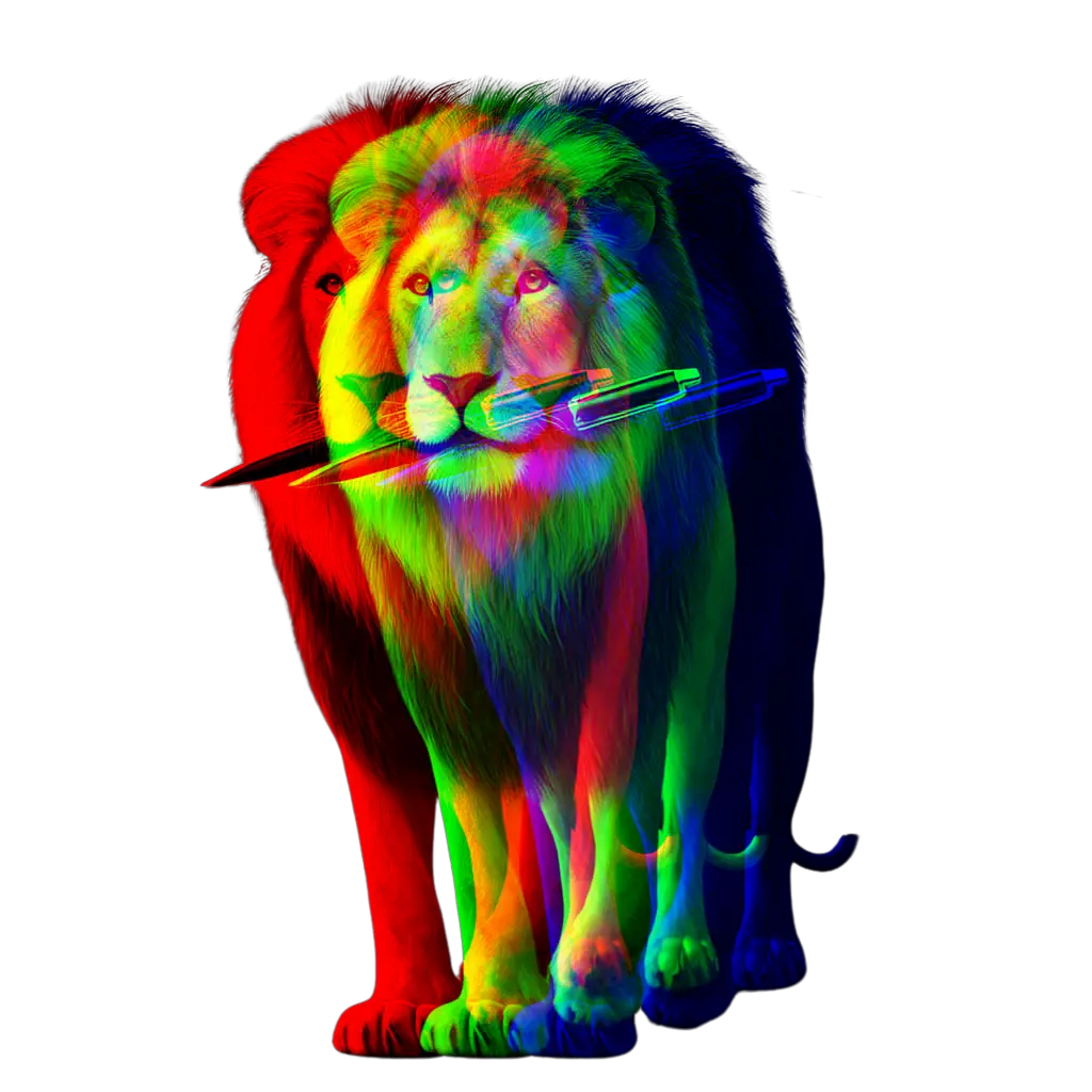 Een gekleurde leeuw met pen in zijn bek